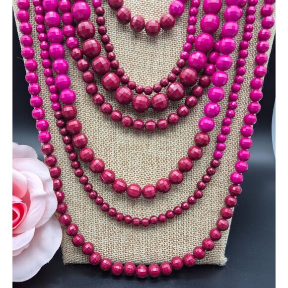 Ombre Shades Pink to Purple Multi Strand Faceted Beaded Statement Necklace 20" - Picture 4 of 9